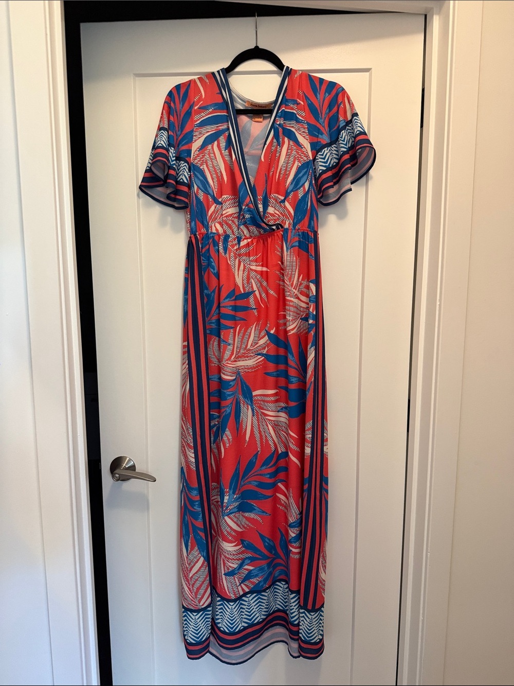 Flying Tomato Coral & Blue Tropical Wrap Maxi Dress with White Leaf Accents